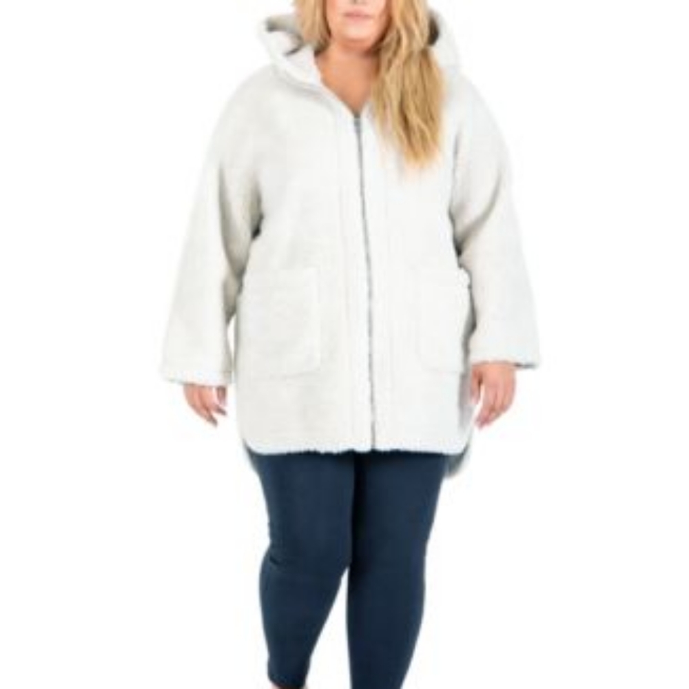 BLACK TAPE CREAM PLUS SIZE SHERPA HOODED ZIP UP LONG SWEATSHIRT
